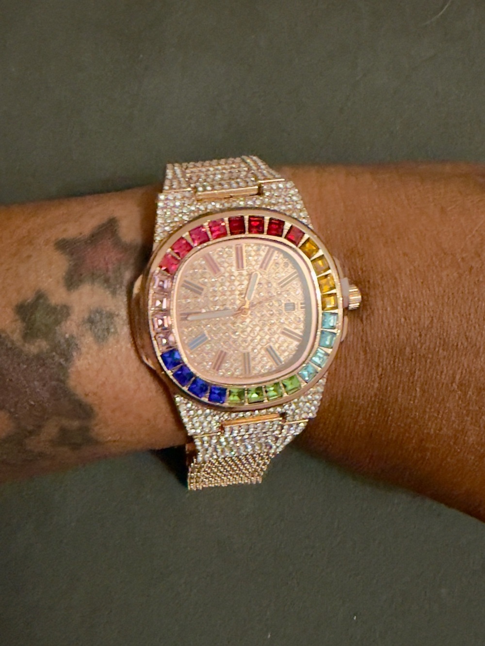 Unisex Rose Gold Rainbow Crystal Bracelet Watch
